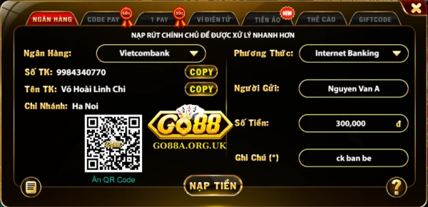 Nạp tiền GO88: Cách nạp tiền nhanh, an toàn đúng cổng game chính hãng 2 go88 bank